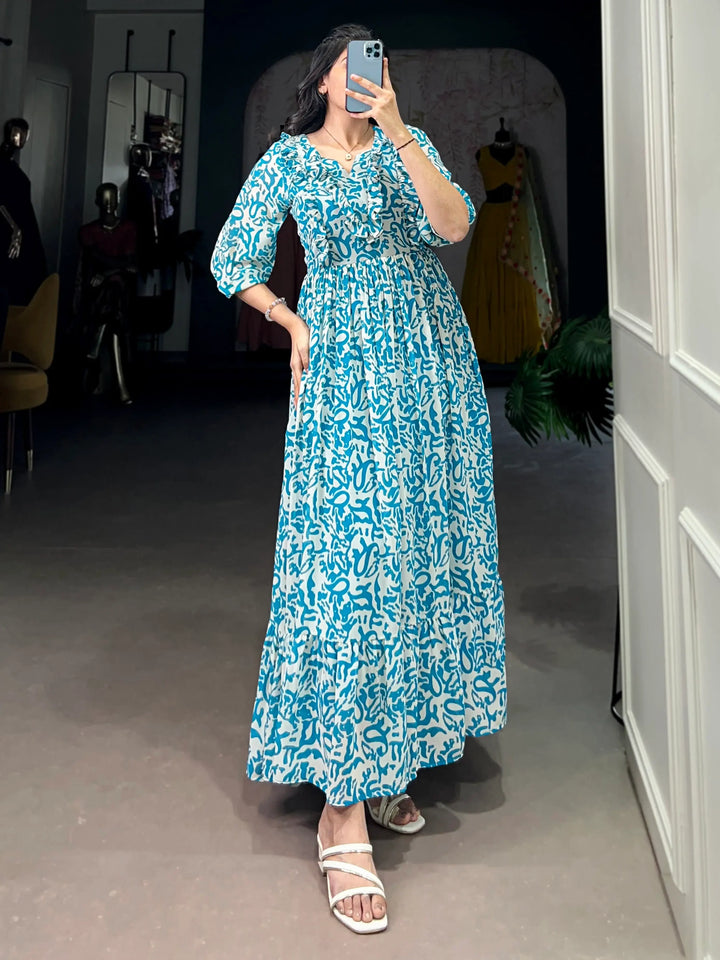 Stunning Sky Blue Digital Printed Georgette Casual Wear Dress