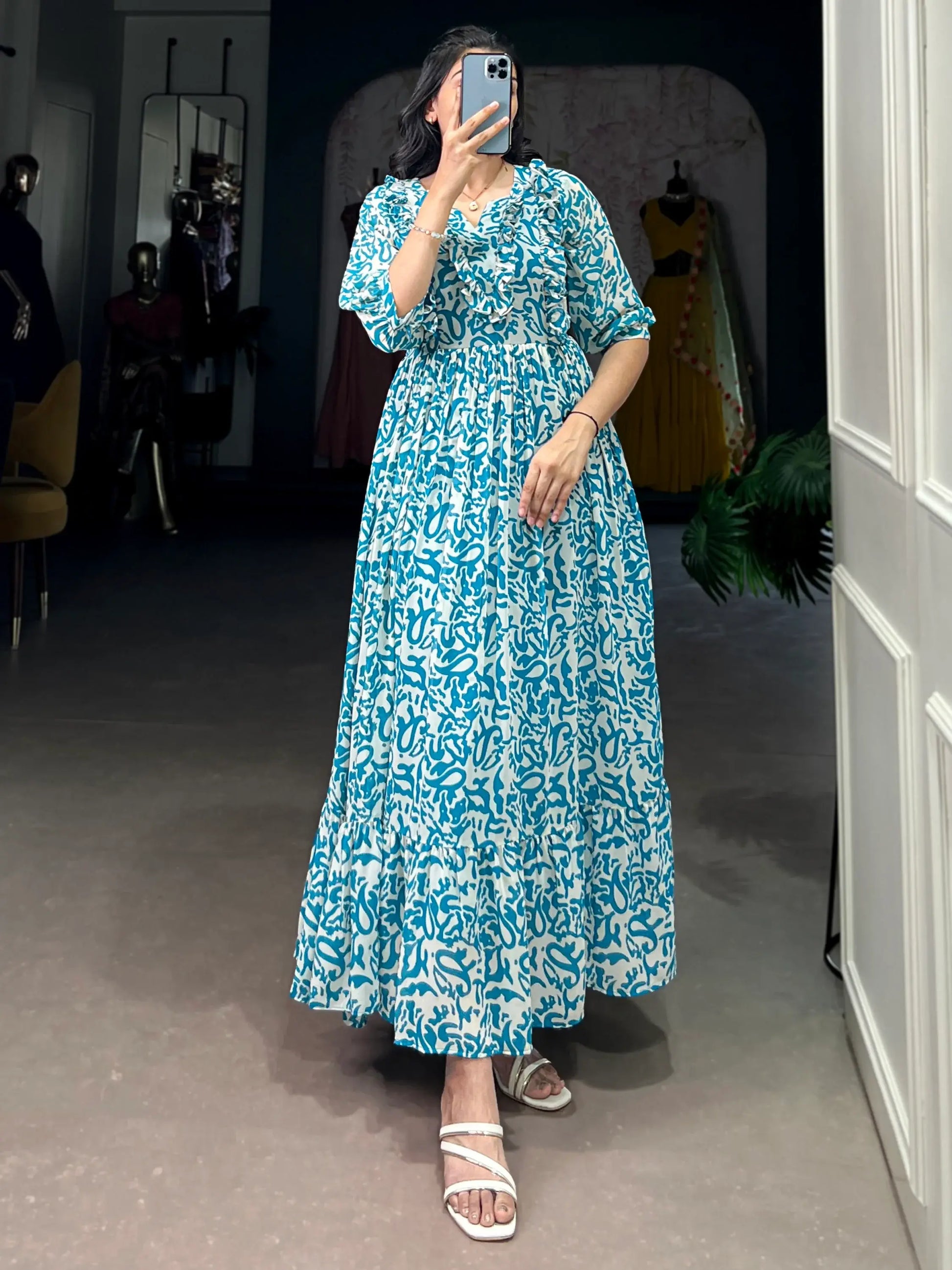 Stunning Sky Blue Digital Printed Georgette Casual Wear Dress