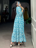 Stunning Sky Blue Digital Printed Georgette Casual Wear Dress