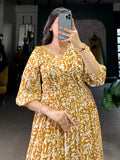 Alluring Mustard Yellow Printed Georgette Daily Wear Dress