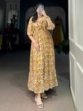 Alluring Mustard Yellow Printed Georgette Daily Wear Dress