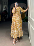 Alluring Mustard Yellow Printed Georgette Daily Wear Dress