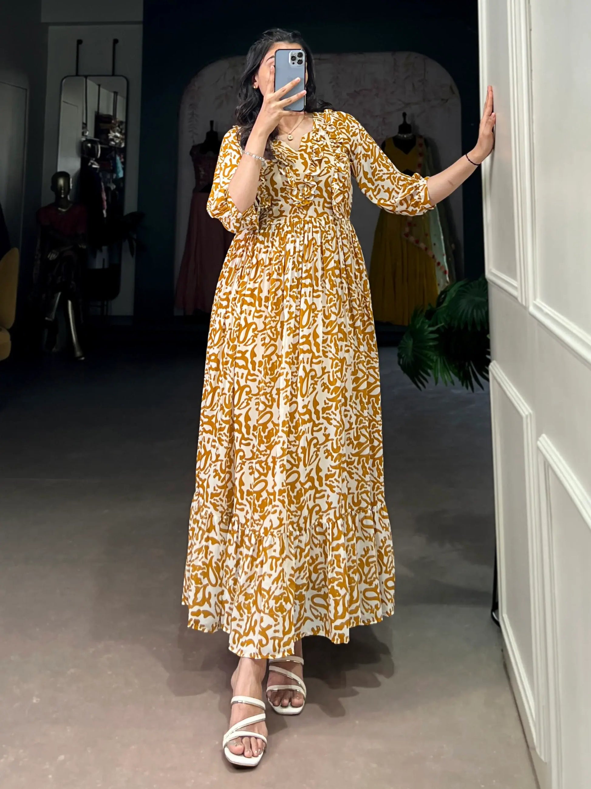Alluring Mustard Yellow Printed Georgette Daily Wear Dress