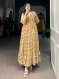 Alluring Mustard Yellow Printed Georgette Daily Wear Dress