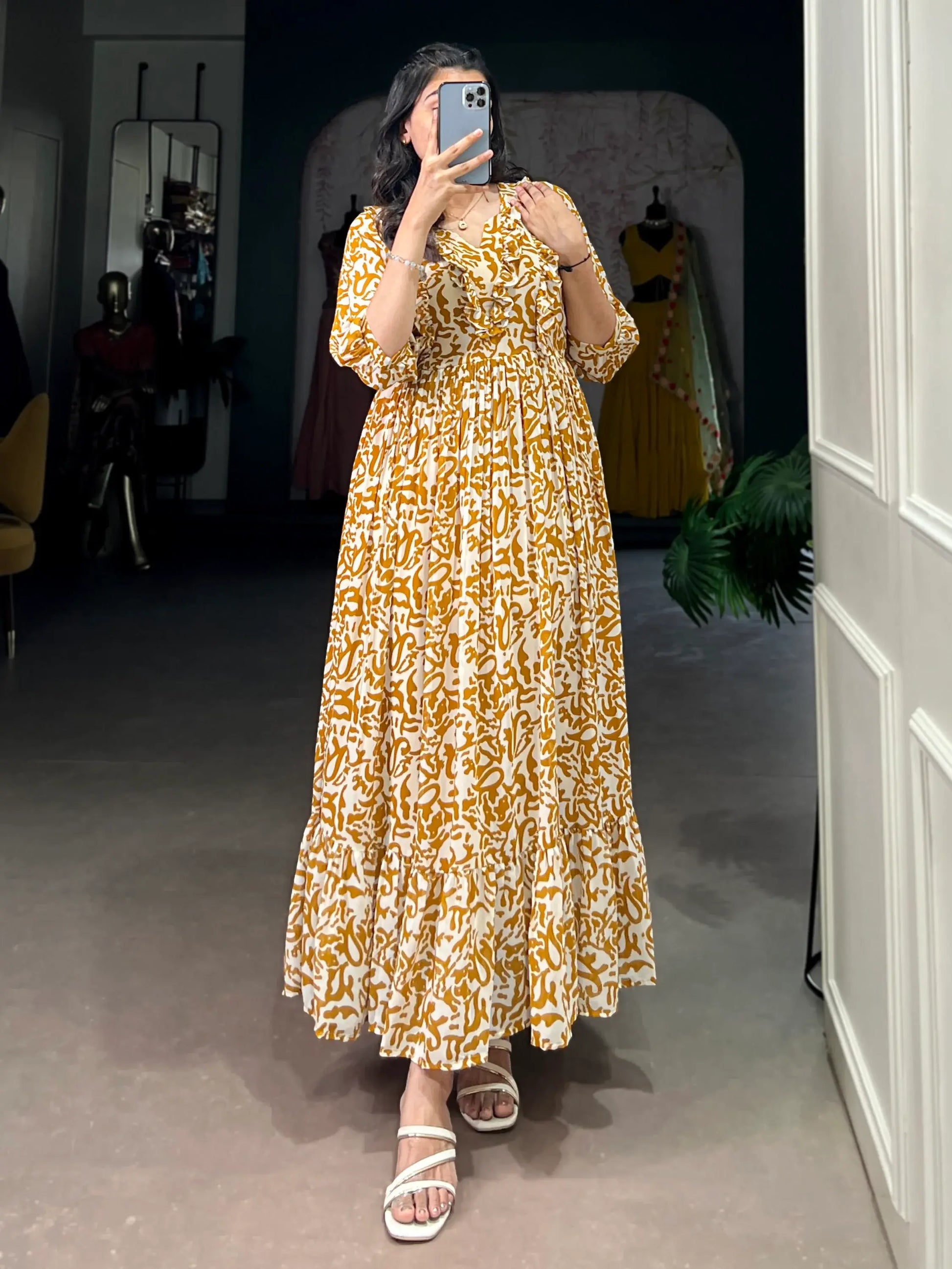 Alluring Mustard Yellow Printed Georgette Daily Wear Dress