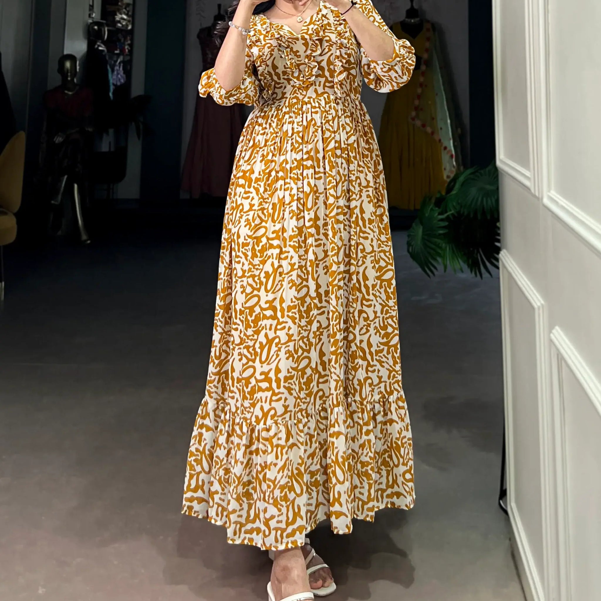 Alluring Mustard Yellow Printed Georgette Daily Wear Dress