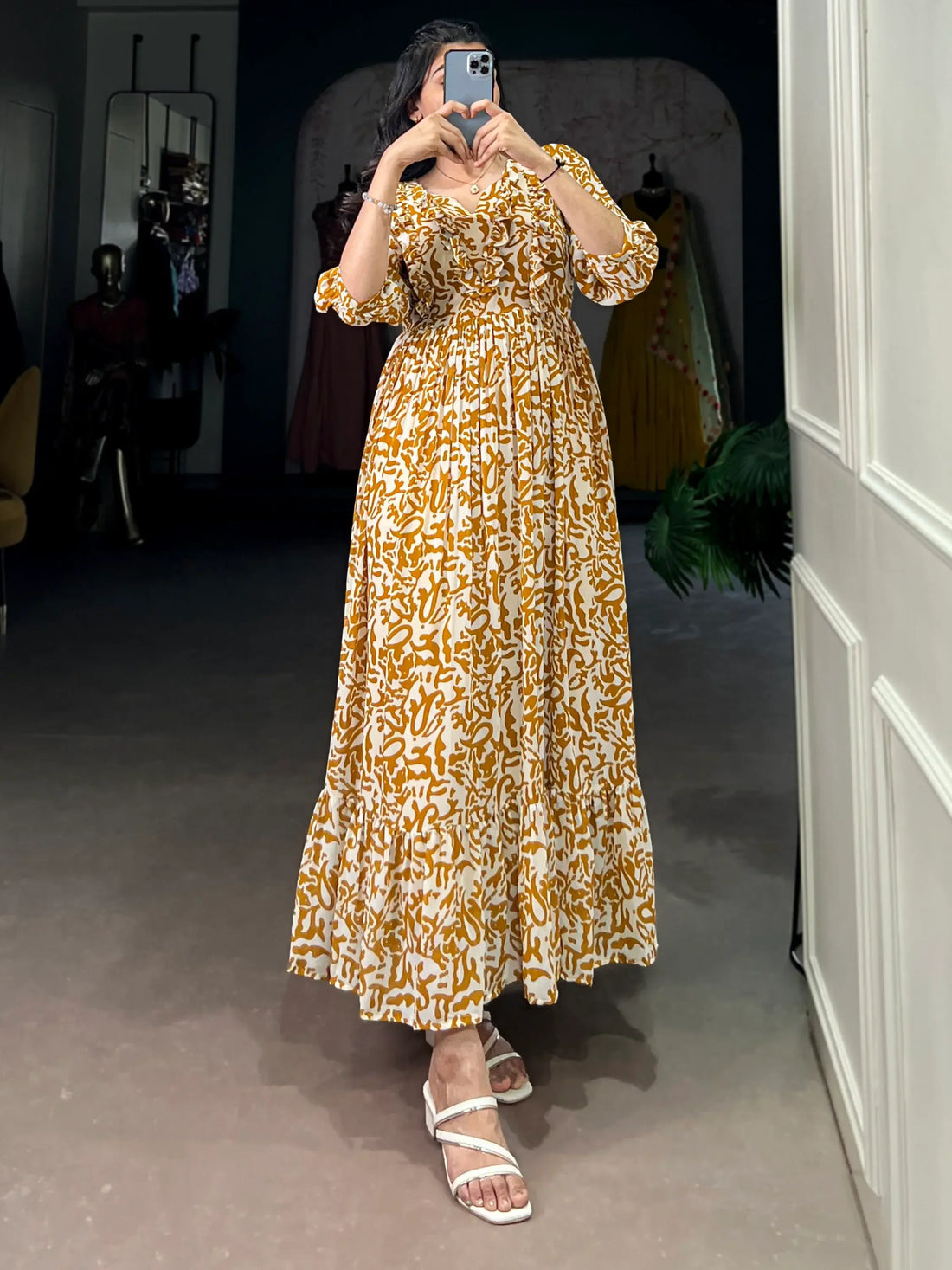 Alluring Mustard Yellow Printed Georgette Daily Wear Dress