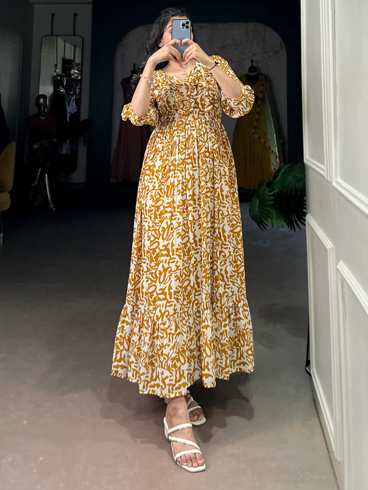Alluring Mustard Yellow Printed Georgette Daily Wear Dress