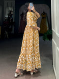 Alluring Mustard Yellow Printed Georgette Daily Wear Dress