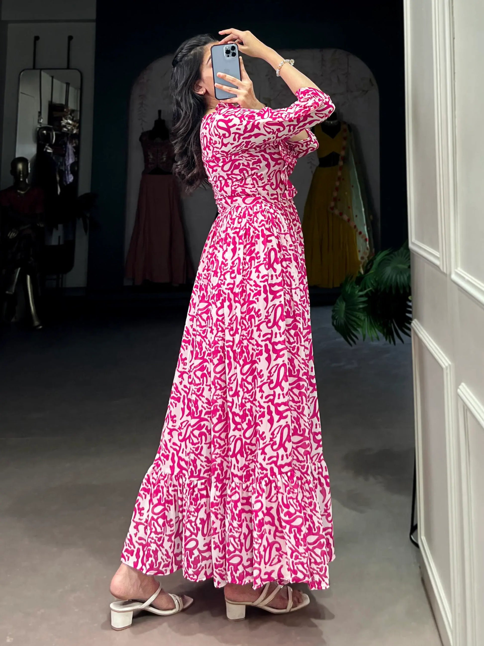 Noticeable Pink Printed Georgette Casual Wear Dress