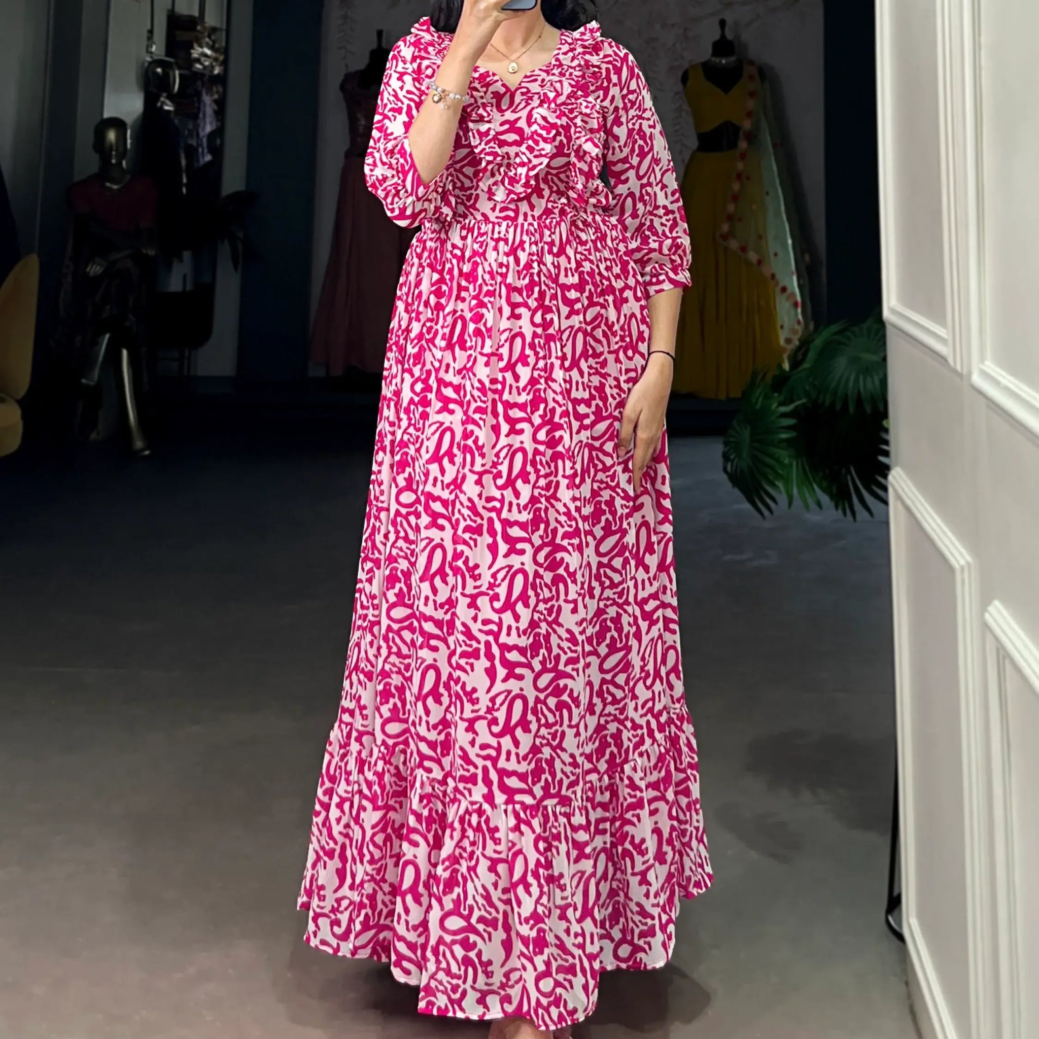 Noticeable Pink Printed Georgette Casual Wear Dress