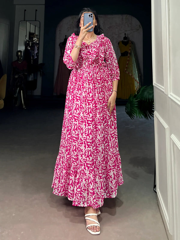 Noticeable Pink Printed Georgette Casual Wear Dress