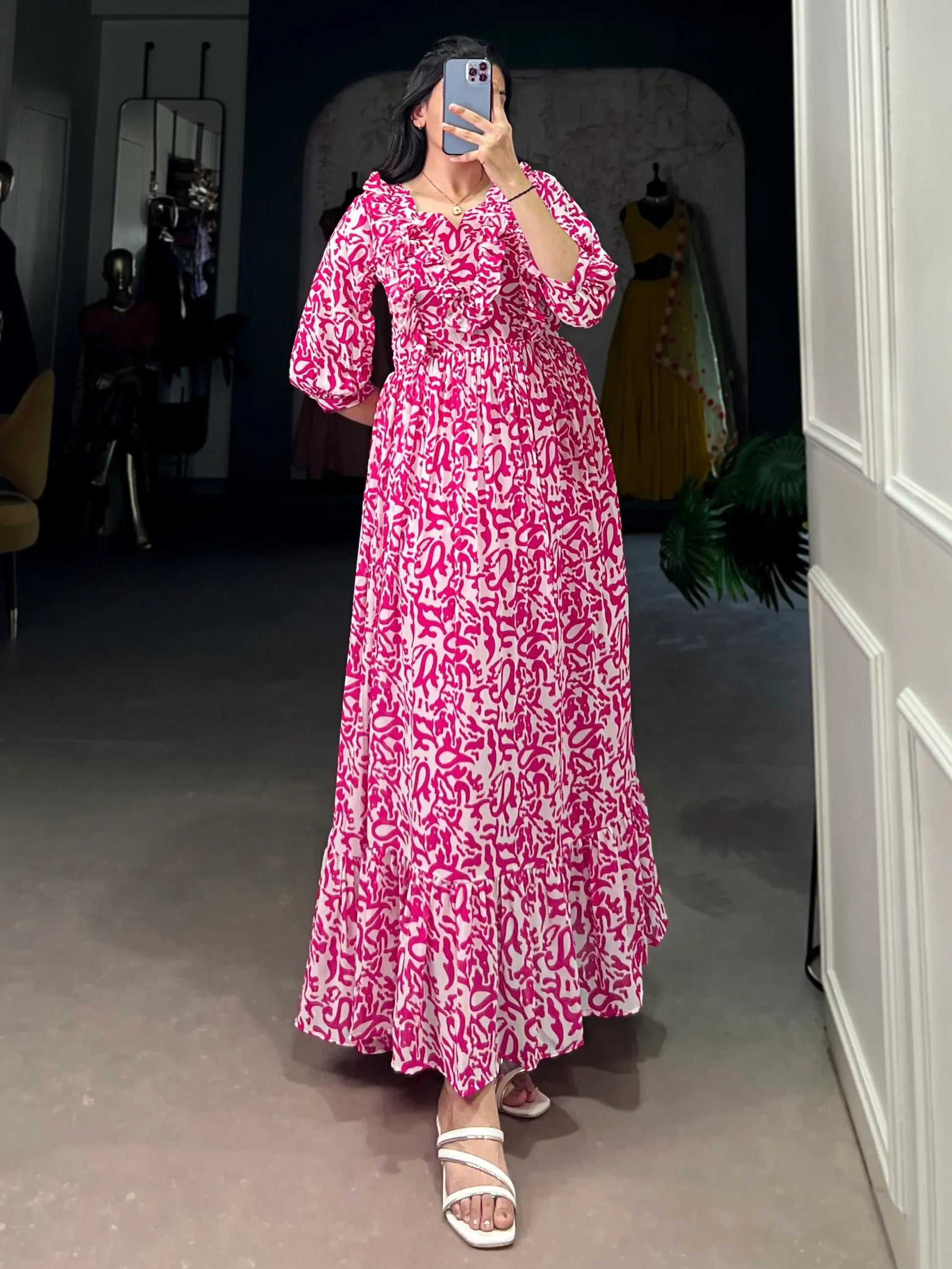 Noticeable Pink Printed Georgette Casual Wear Dress