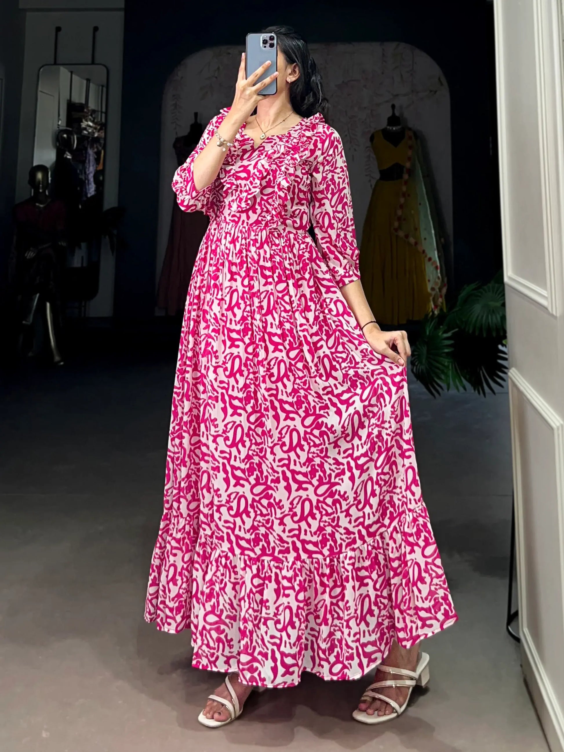 Noticeable Pink Printed Georgette Casual Wear Dress