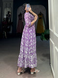Dreamy Purple Digital Printed Georgette Festive Wear Dress