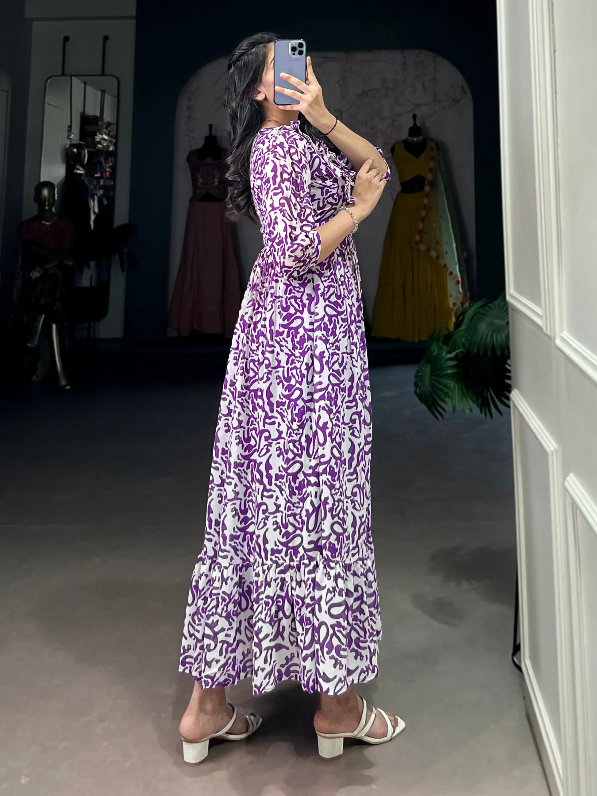 Dreamy Purple Digital Printed Georgette Festive Wear Dress