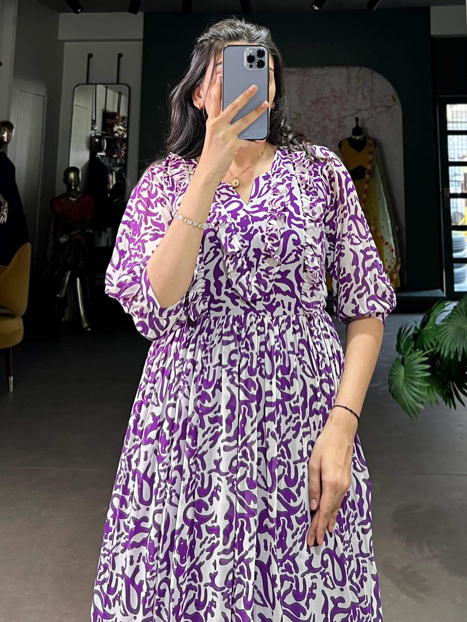 Dreamy Purple Digital Printed Georgette Festive Wear Dress