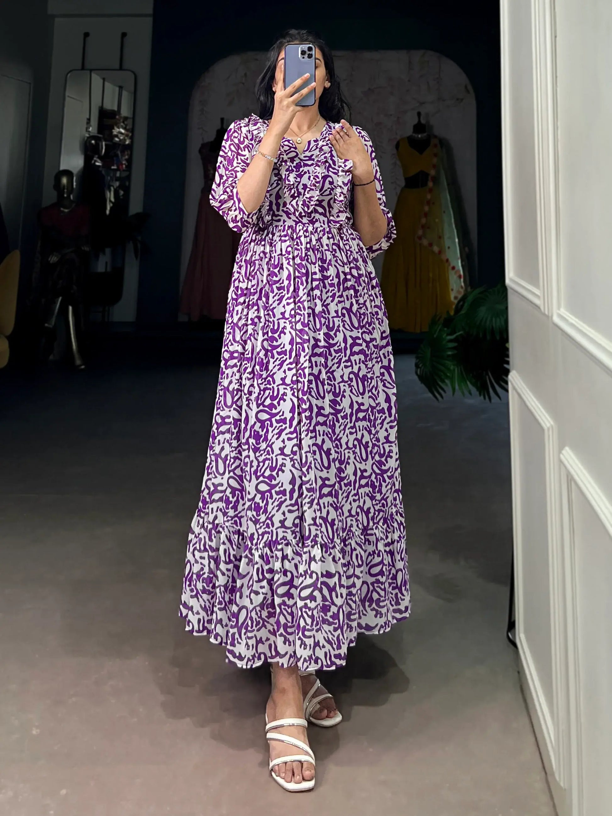 Dreamy Purple Digital Printed Georgette Festive Wear Dress
