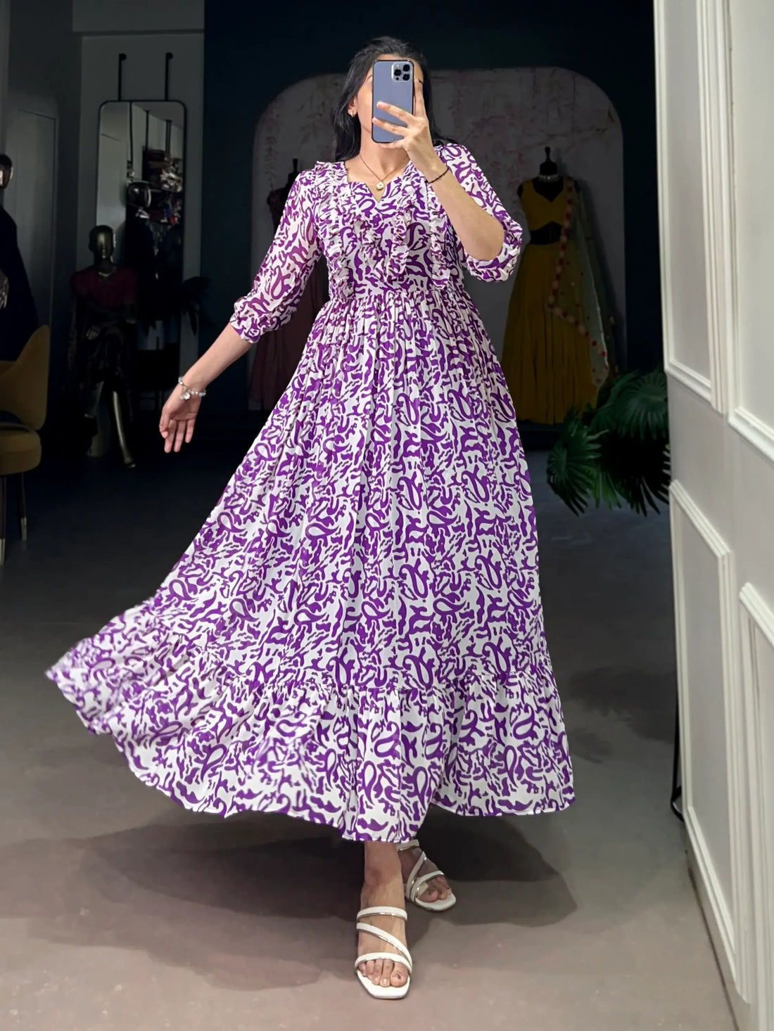 Dreamy Purple Digital Printed Georgette Festive Wear Dress