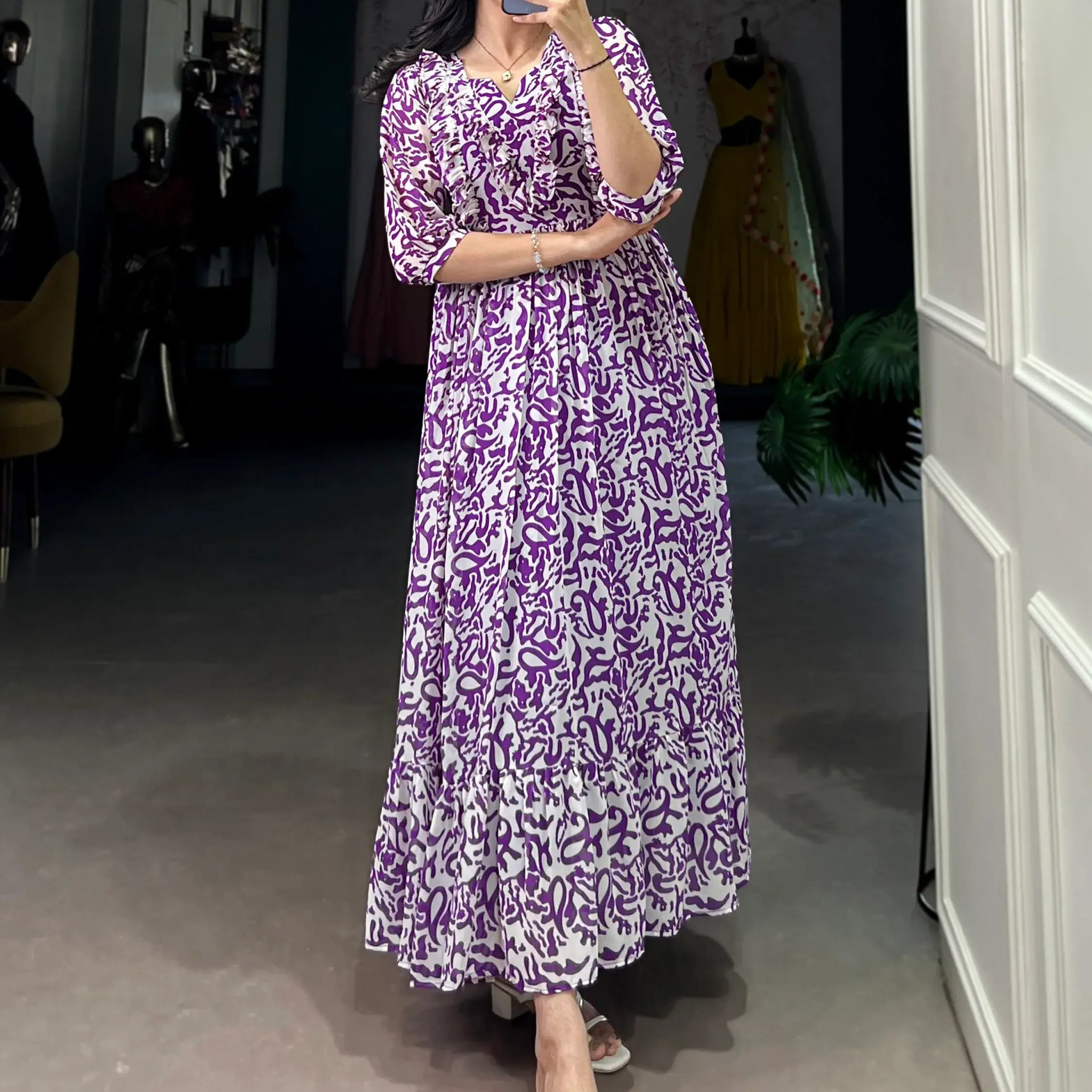 Dreamy Purple Digital Printed Georgette Festive Wear Dress