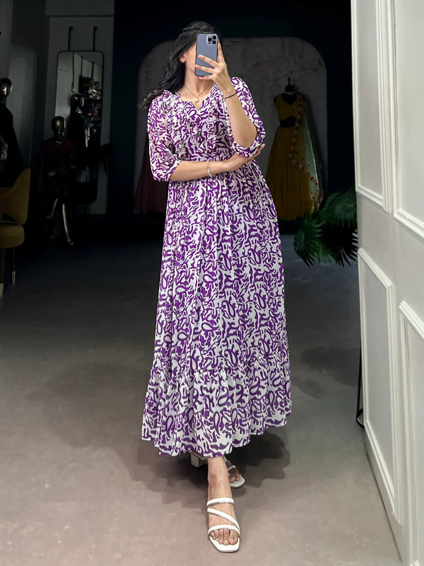 Dreamy Purple Digital Printed Georgette Festive Wear Dress