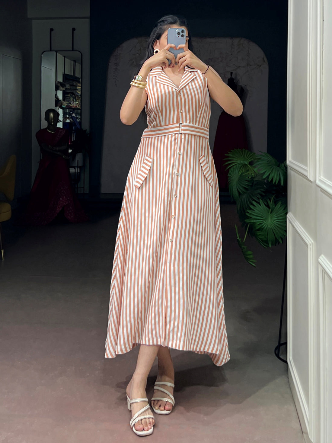 Beautiful Peach Digital Print Silk Office Wear Dress
