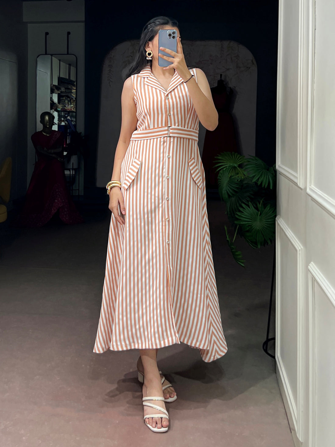 Beautiful Peach Digital Print Silk Office Wear Dress