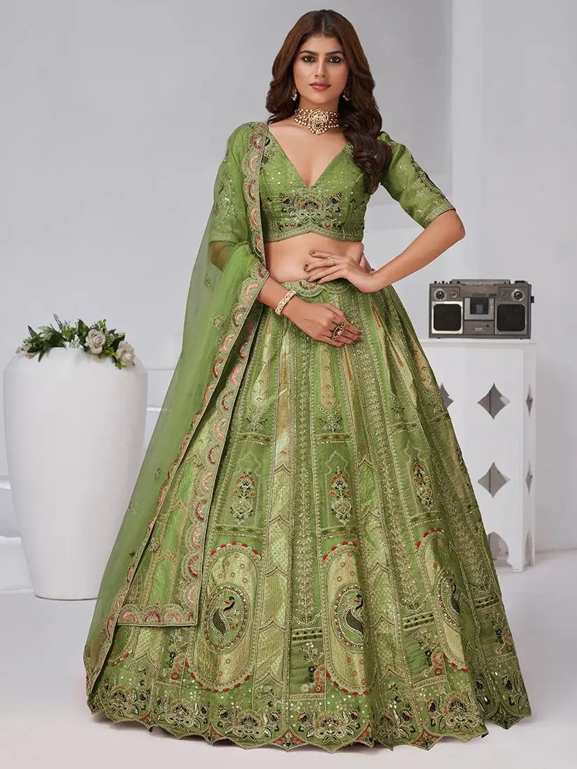 Pretty Olive Green Dori Work Banarasi Silk Mehendi Wear Lehenga With Blouse