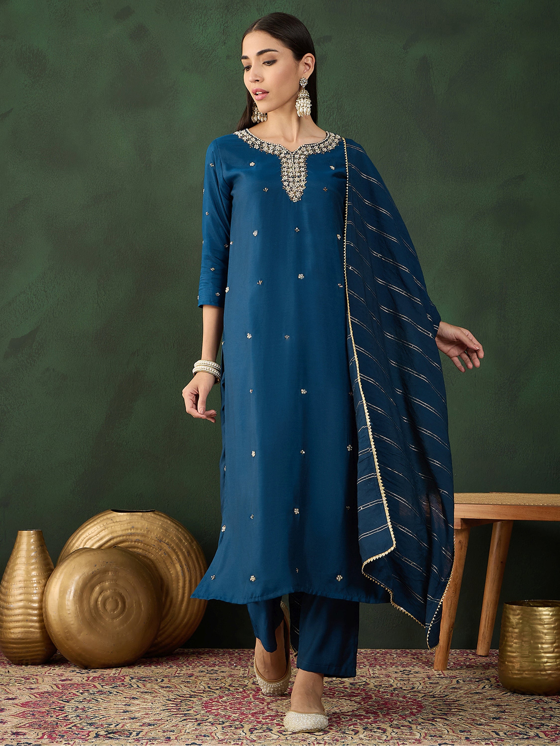 Shop Navy Blue Embroidered Silk Salwar Kameez Online At Zeel Clothing