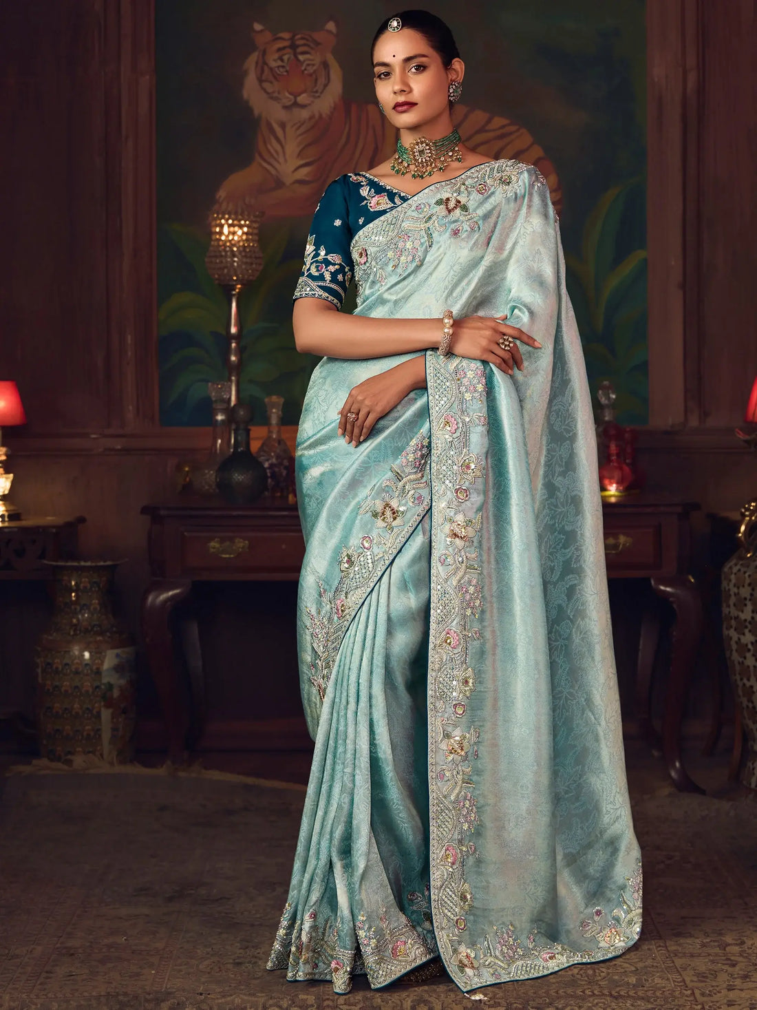 Prominent Blue Heavy Border Work Silk Wedding Wear Saree With Blouse