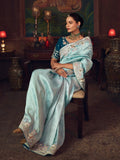 Prominent Blue Heavy Border Work Silk Wedding Wear Saree With Blouse
