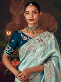 Prominent Blue Heavy Border Work Silk Wedding Wear Saree With Blouse