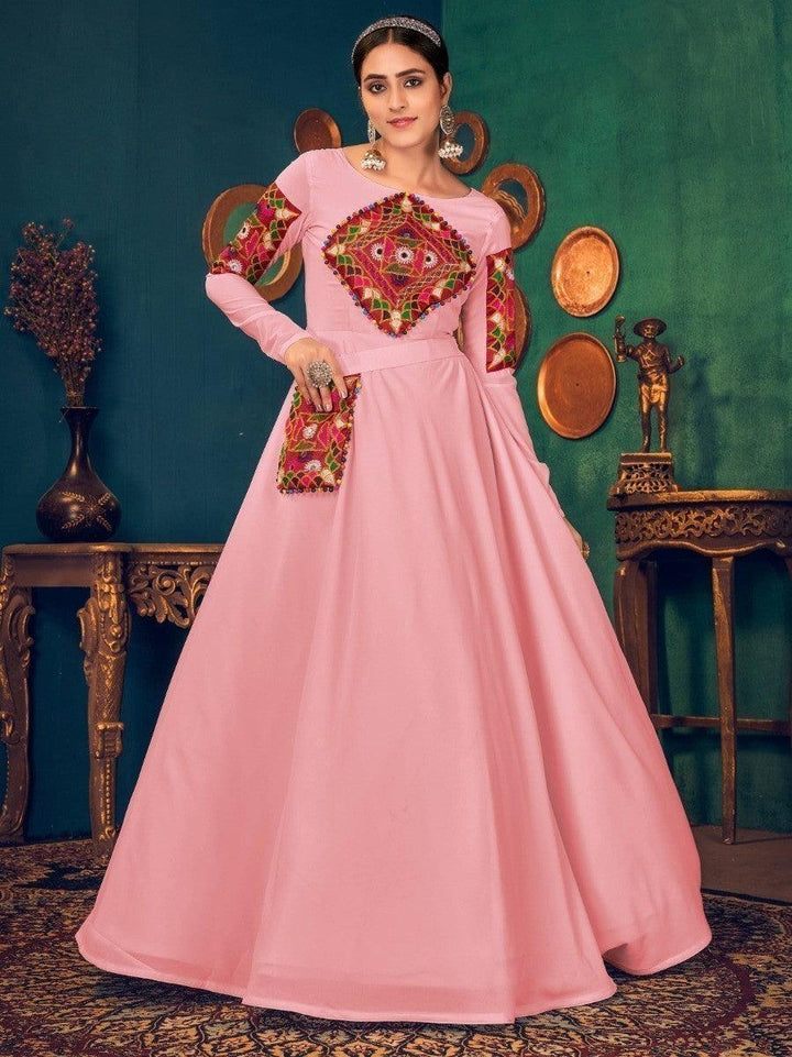 Stupendous Pink Mirror And Pearl Work Georgette Festive Wear Gown