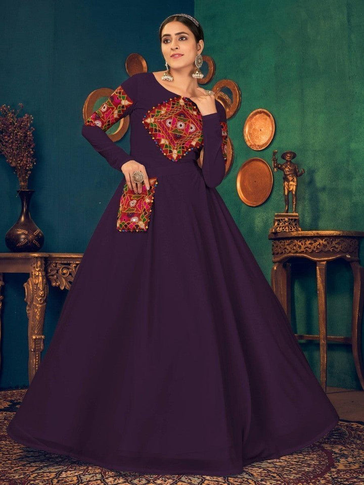 Spectacular Purple Mirror And Pearl Work Georgette Festive Wear Gown