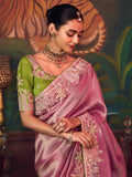 Ravishing Pink Thread Embroidery Silk Engagement Wear Saree With Blouse