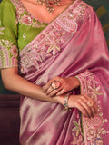 Ravishing Pink Thread Embroidery Silk Engagement Wear Saree With Blouse