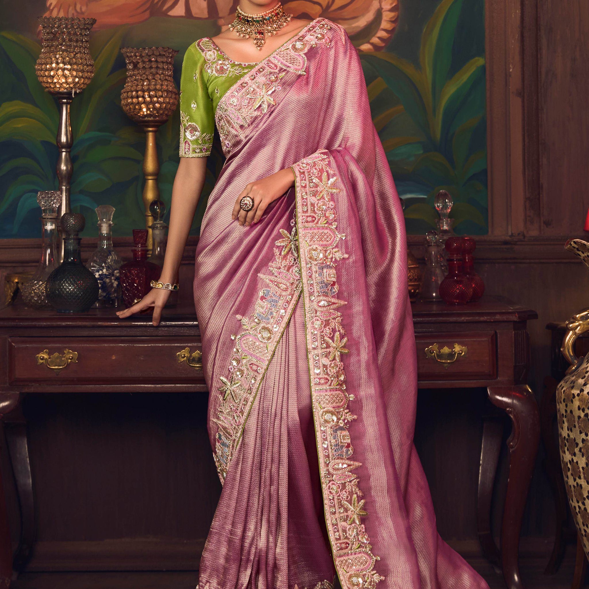 Ravishing Pink Thread Embroidery Silk Engagement Wear Saree With Blouse