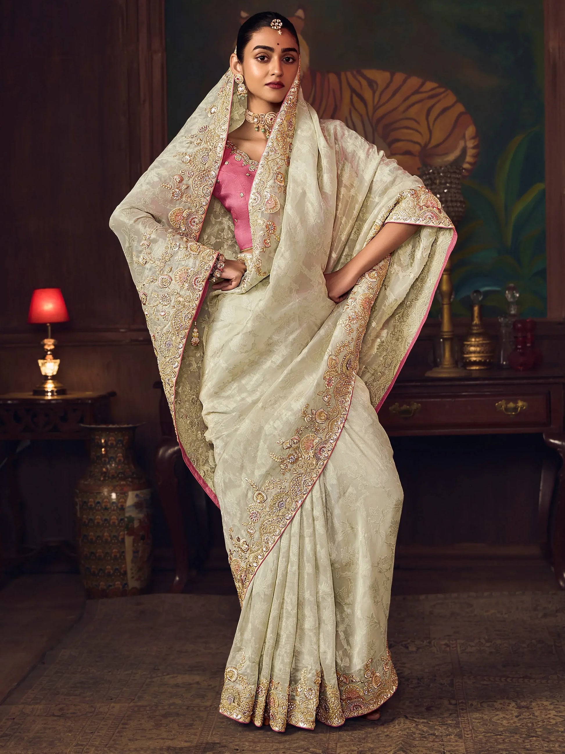 Dramatic Off-White Diamond Work Silk Marraige Wear Saree With Blouse