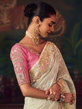 Dramatic Off-White Diamond Work Silk Marraige Wear Saree With Blouse