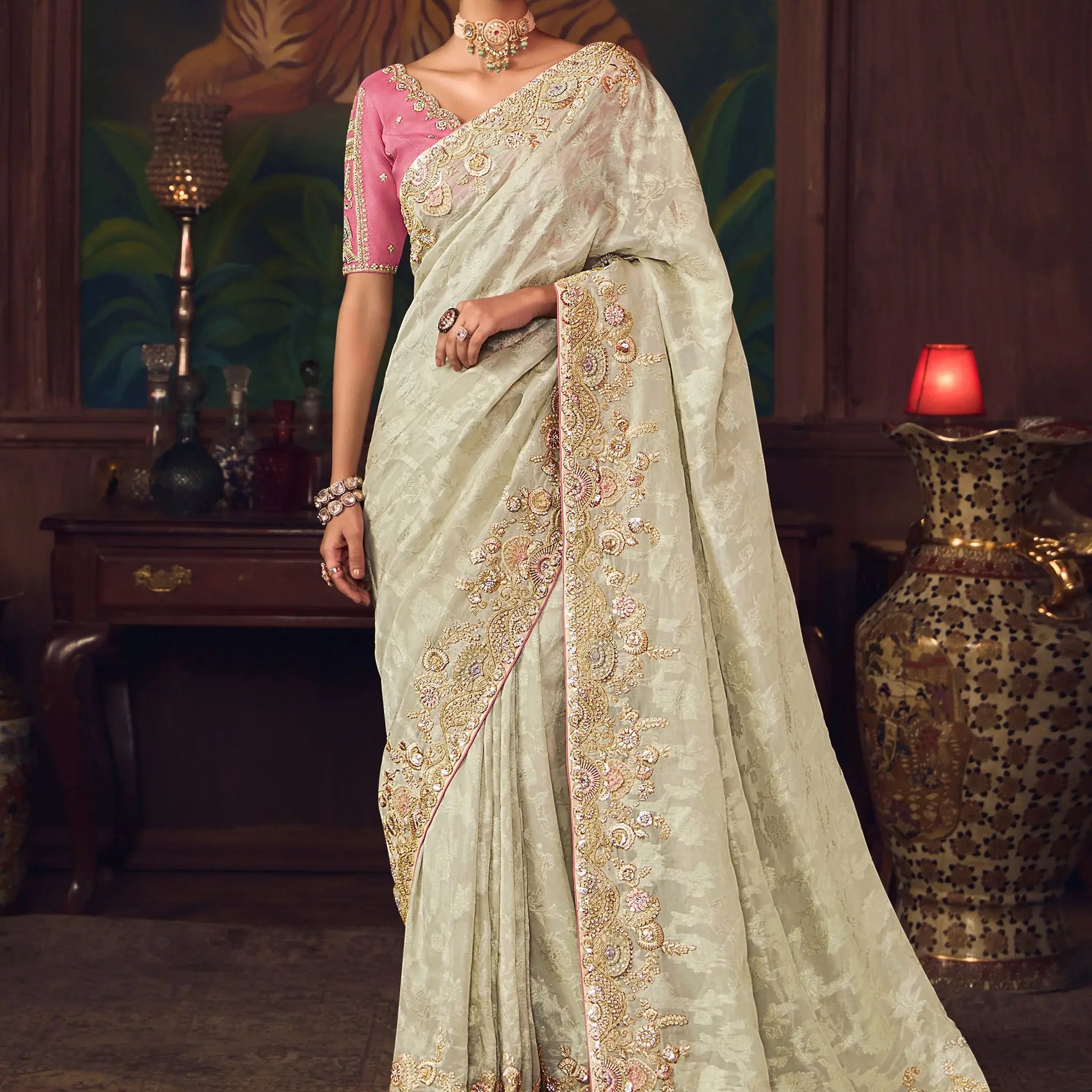 Dramatic Off-White Diamond Work Silk Marraige Wear Saree With Blouse