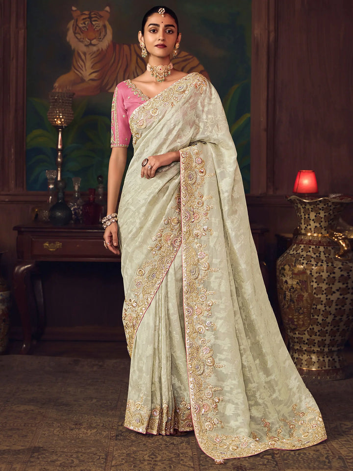 Dramatic Off-White Diamond Work Silk Marraige Wear Saree With Blouse