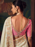Dramatic Off-White Diamond Work Silk Marraige Wear Saree With Blouse