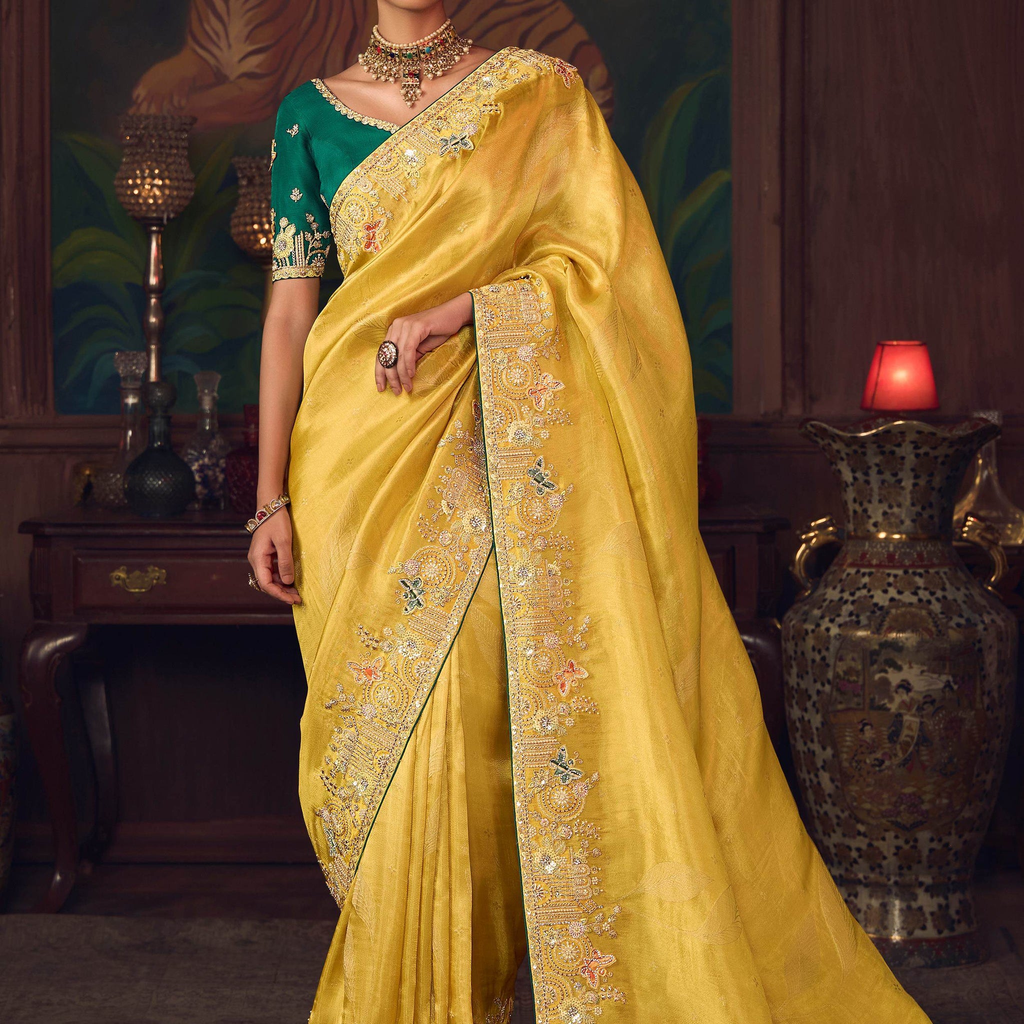 Sensational Yellow Border Work Silk Haldi Wear Saree With Blouse