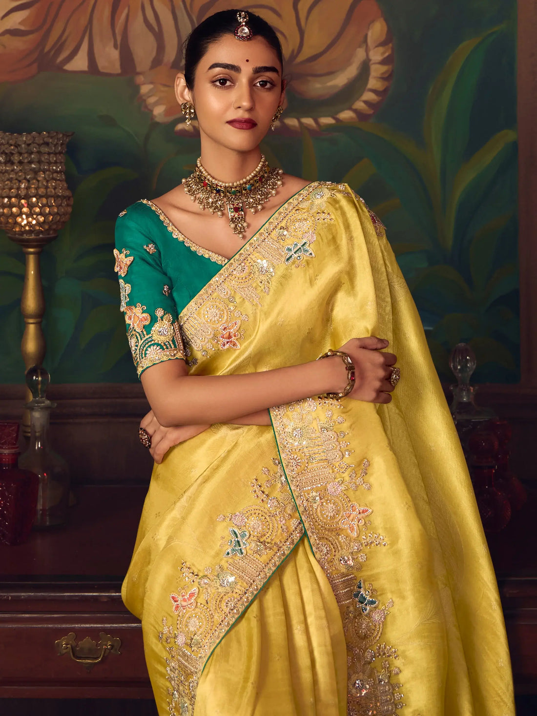 Sensational Yellow Border Work Silk Haldi Wear Saree With Blouse