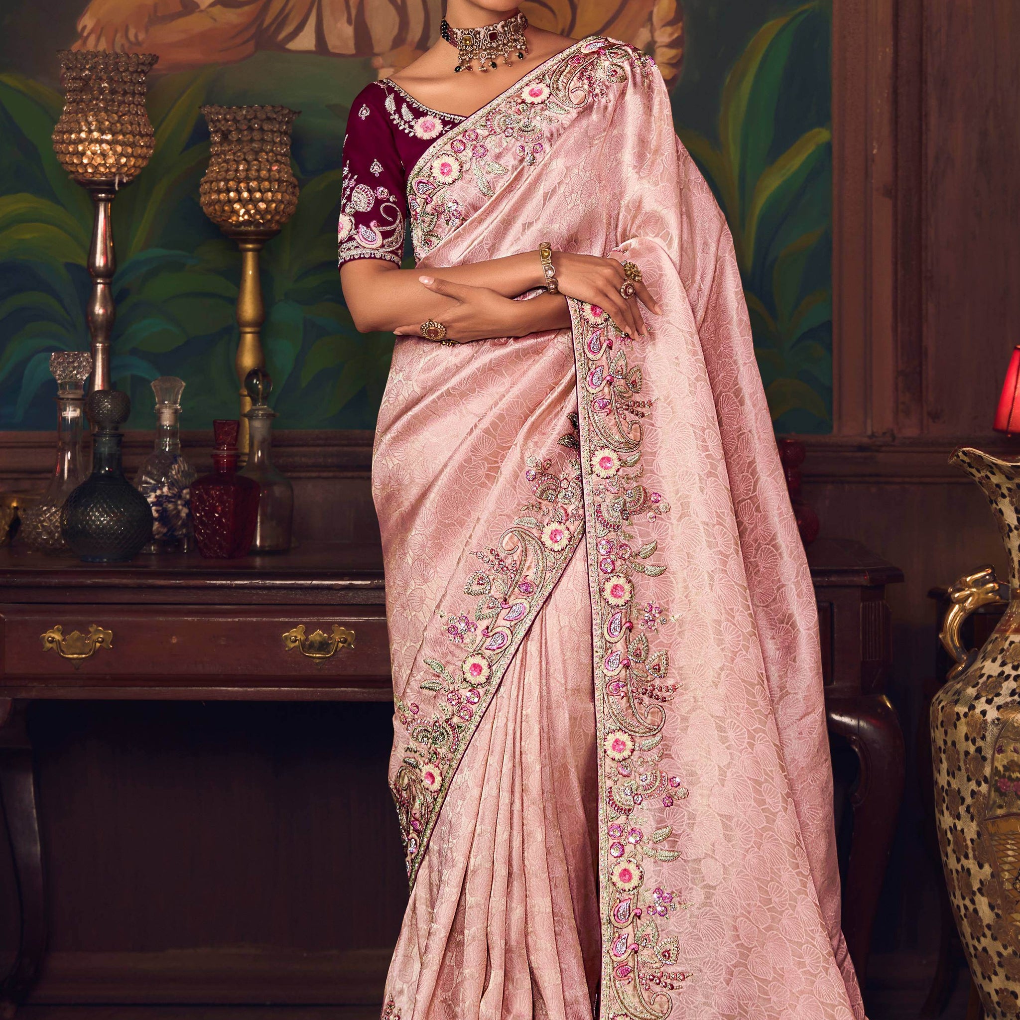 Superb Pink Floral Border Work Silk Reception Wear Saree With Blouse