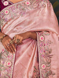 Superb Pink Floral Border Work Silk Reception Wear Saree With Blouse