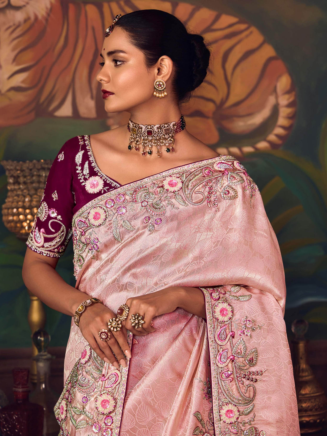 Superb Pink Floral Border Work Silk Reception Wear Saree With Blouse