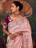 Superb Pink Floral Border Work Silk Reception Wear Saree With Blouse