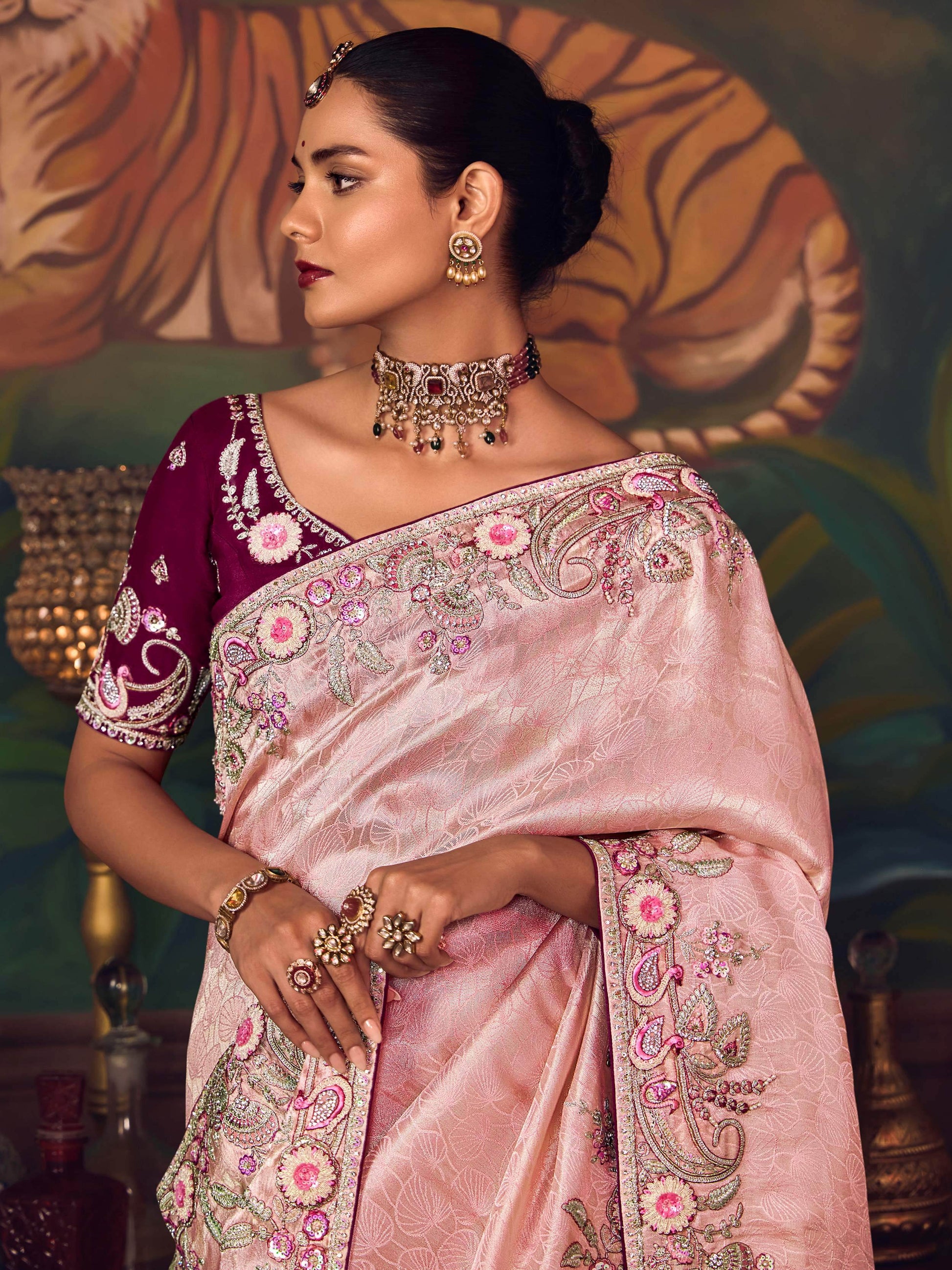 Superb Pink Floral Border Work Silk Reception Wear Saree With Blouse
