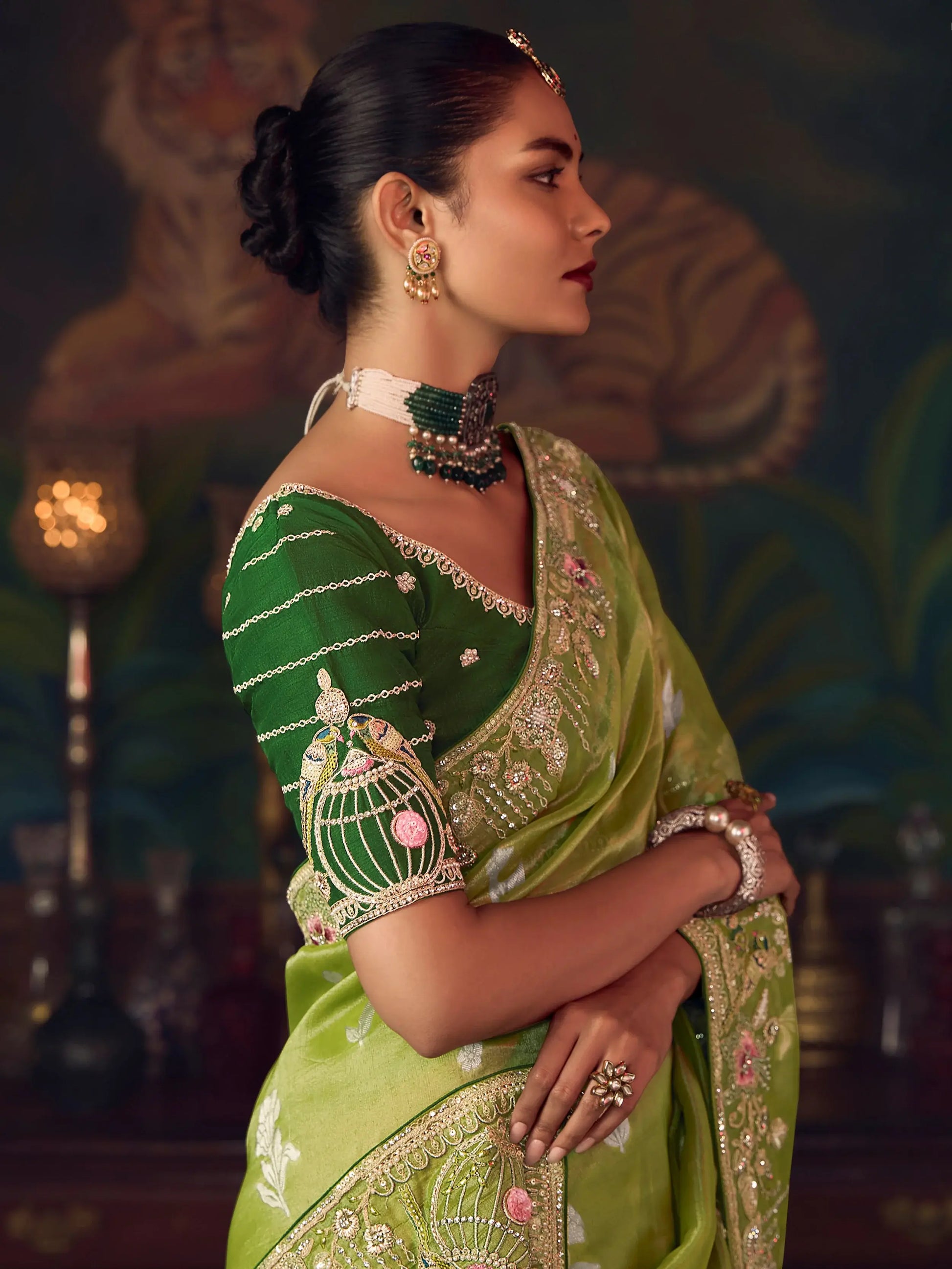 Fascinating Green Heavy Embroidered Silk Mehendi Wear Saree With Blouse